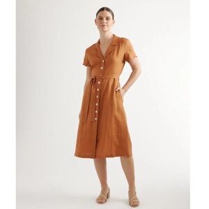 Quince Linen Button Front Dress sz M Women's Terracotta Orange Midi A-Line Belt